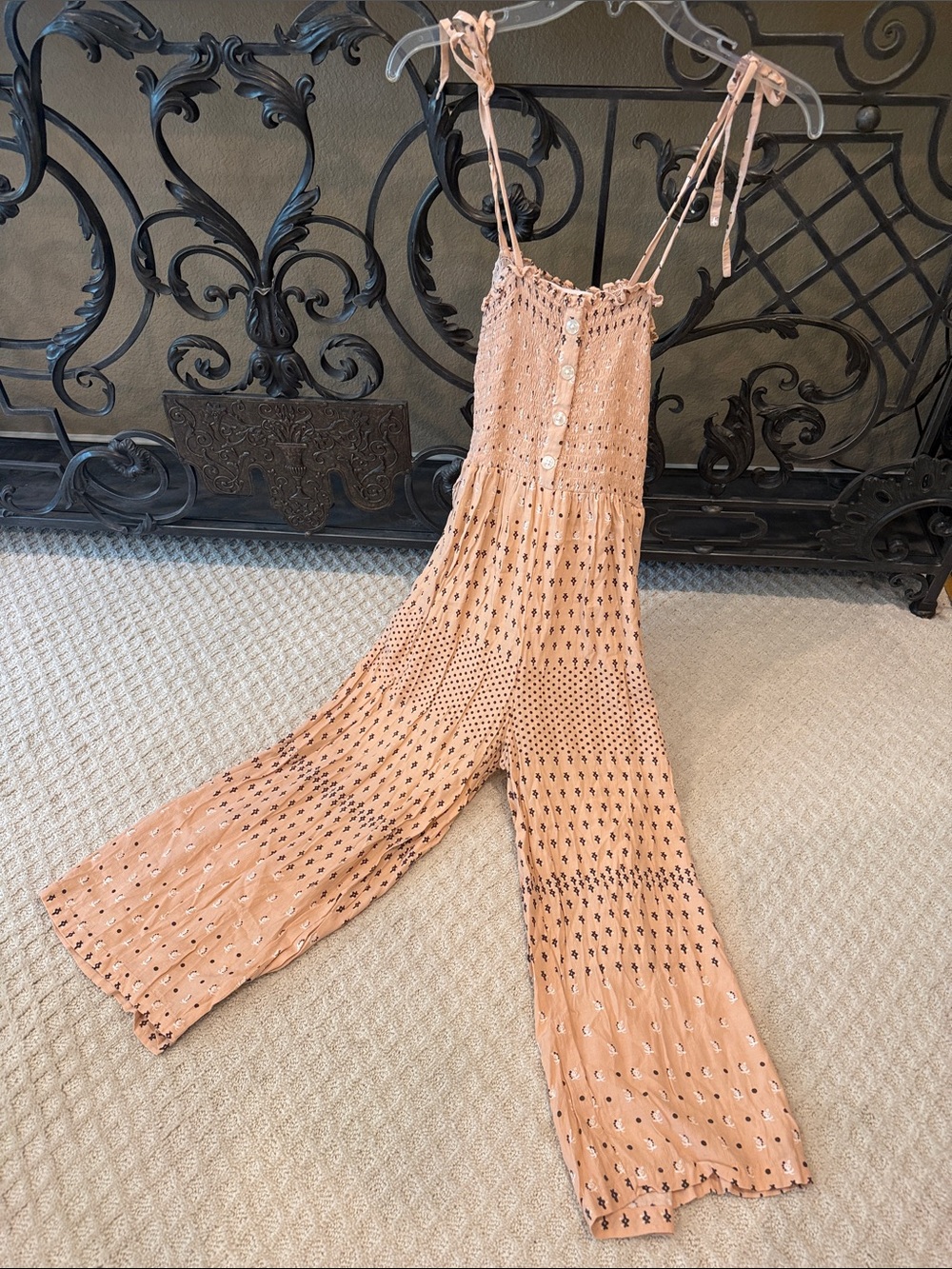 Anthropologie deep tan Printed Smocked Jumpsuit